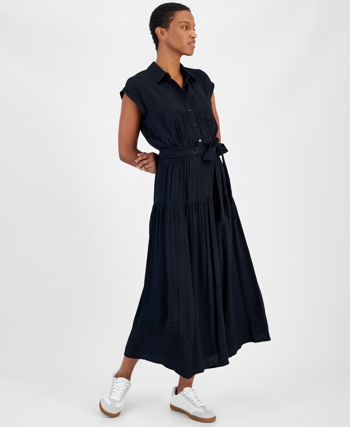 Women's Tonal Jacquard Cap-Sleeve Midi Shirtdress, Created for Macy's - Sunset Nude Combo