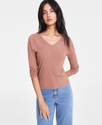 On 34th - Women's Long-Sleeve Double V-Neck Ribbed Tee