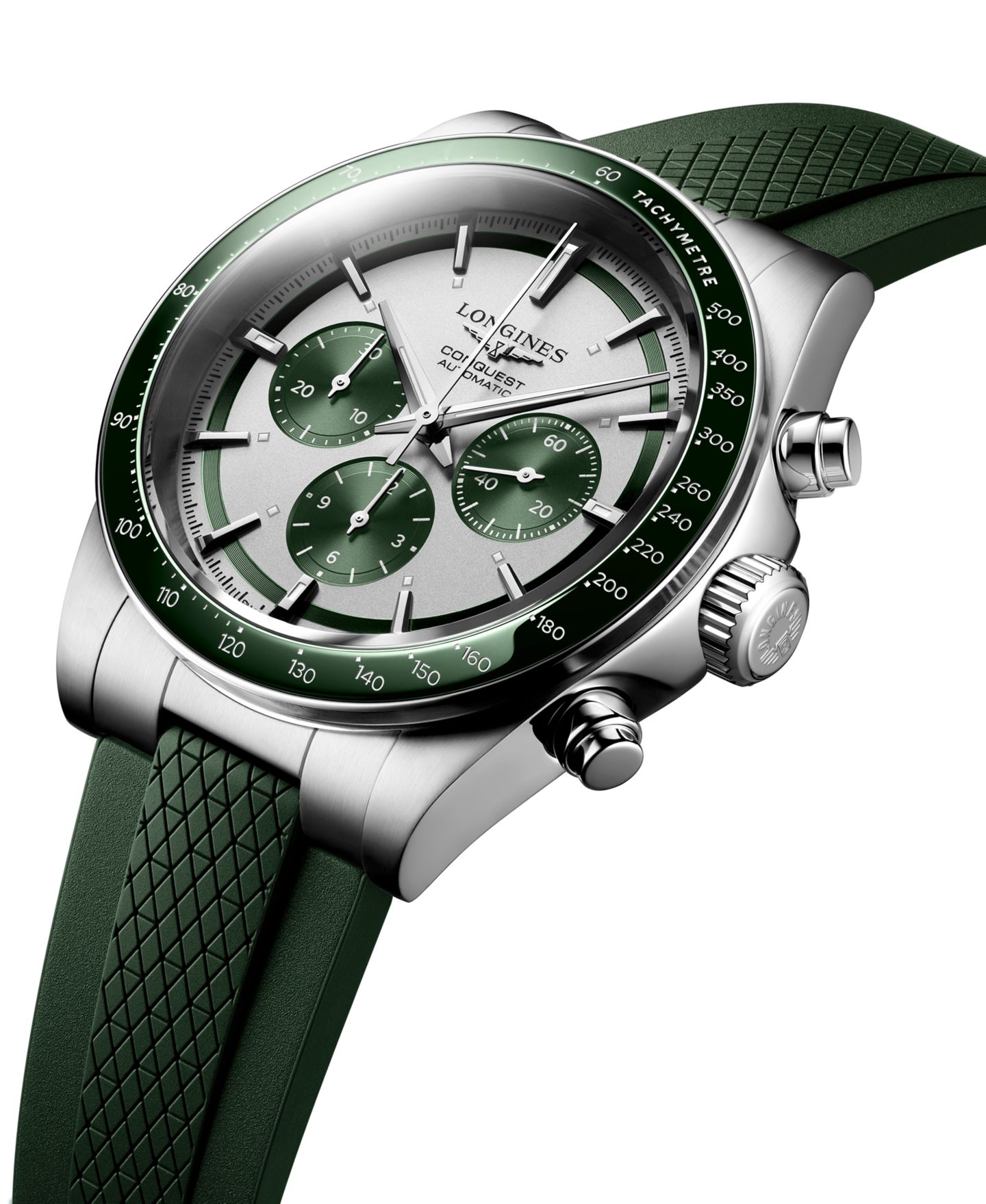 Мужские часы Longines Swiss Automatic Chronograph Conquest Green Rubber Strap Watch 42mm — фото 2