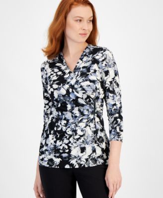 Anne Klein - Women's Printed 3/4-Sleeve Faux-Wrap Top
