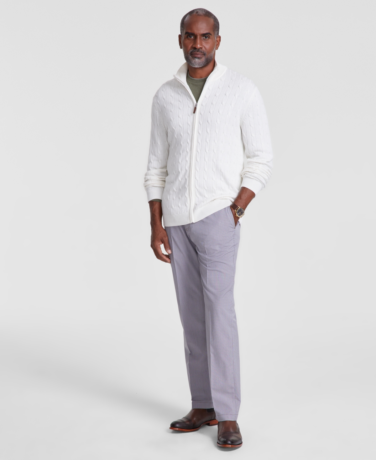 Men's Cable-Knit Full-Zip Sweater, Created for Macy's - Winter Ivory