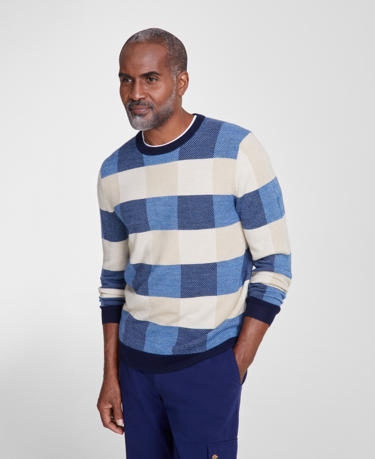 Men's Textured Check Merino Crewneck Sweater, Created for Macy's - Neutral Blue