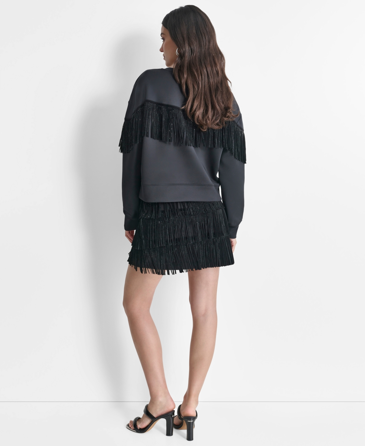 Dkny Womens Embellished Fringe Top Studded Fringe Mini Skirt In Black