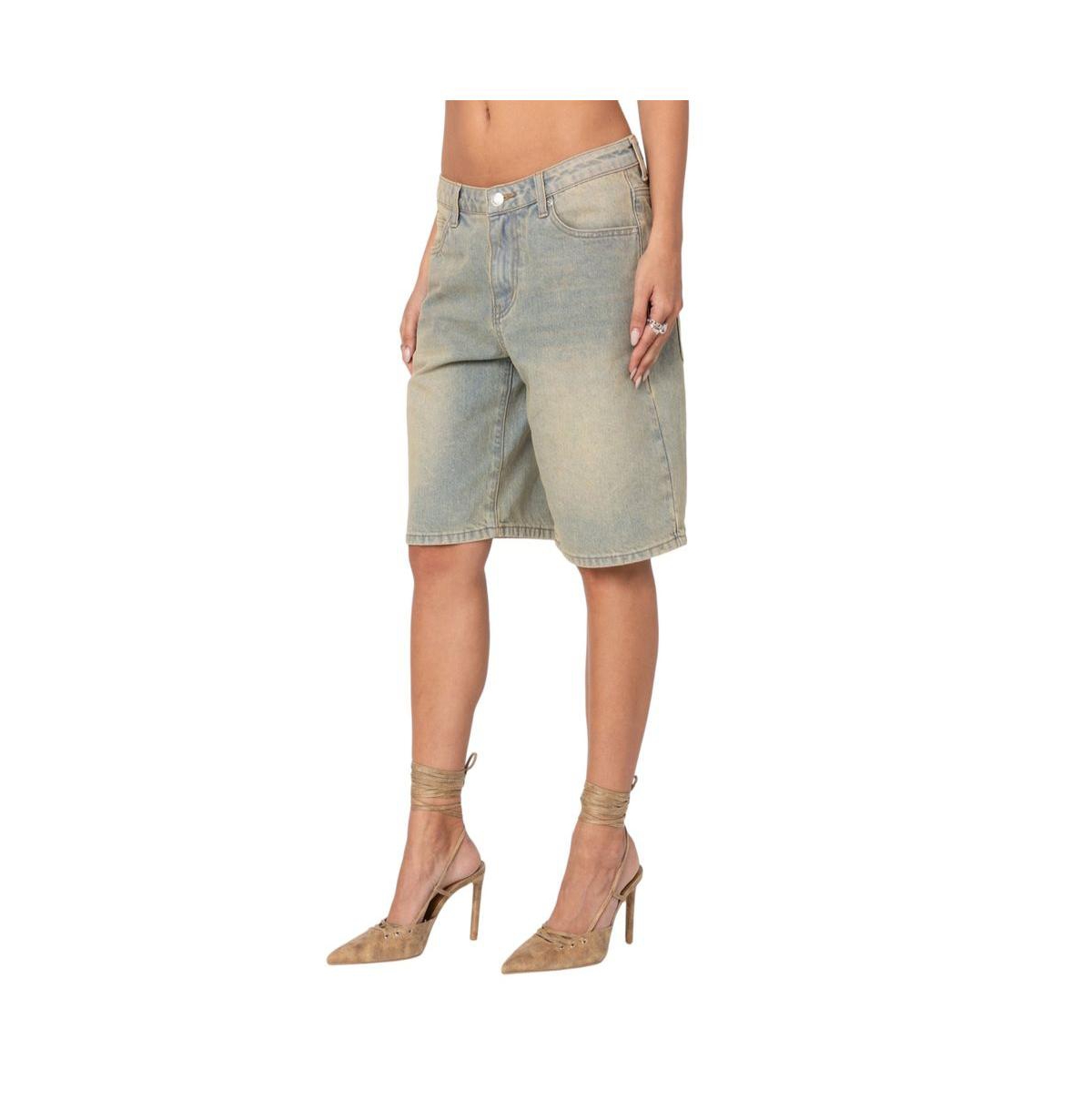 Edikted Women's Shira washed denim bermuda shorts - Blue-washed