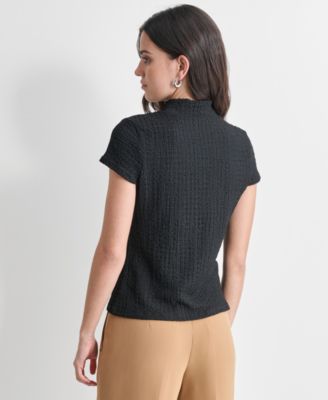 Women's Puckered Knit Mock Neck Cap-Sleeve Top