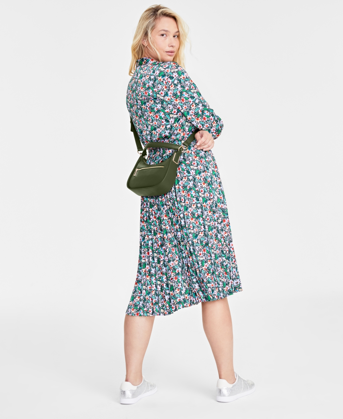 On 34th Women's Long-sleeve Pleated Shirtdress, Created For Macy's In Deep Black Combo
