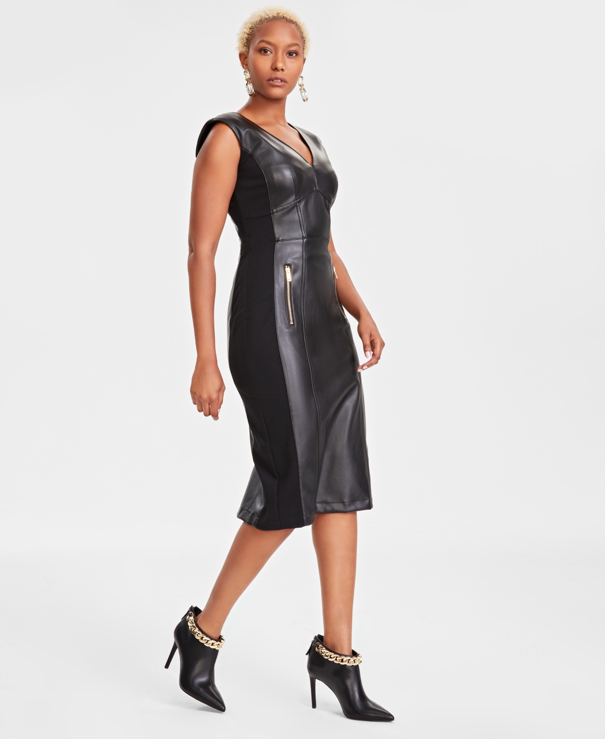 I.n.c. International Concepts Women's V-Neck Faux-Leather Midi Dress, Created for Macy's