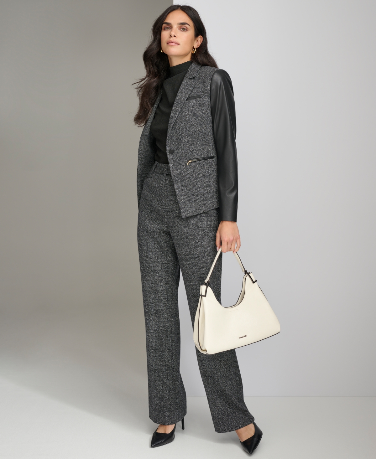 Calvin Klein Women's Faux-Leather-Sleeve Blazer