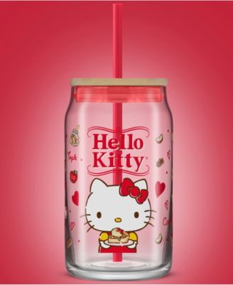 Hello Kitty and Friends Favorite Flavor Hello Kitty Can Shaped Glass Tumbler with Wood Lid and Straw