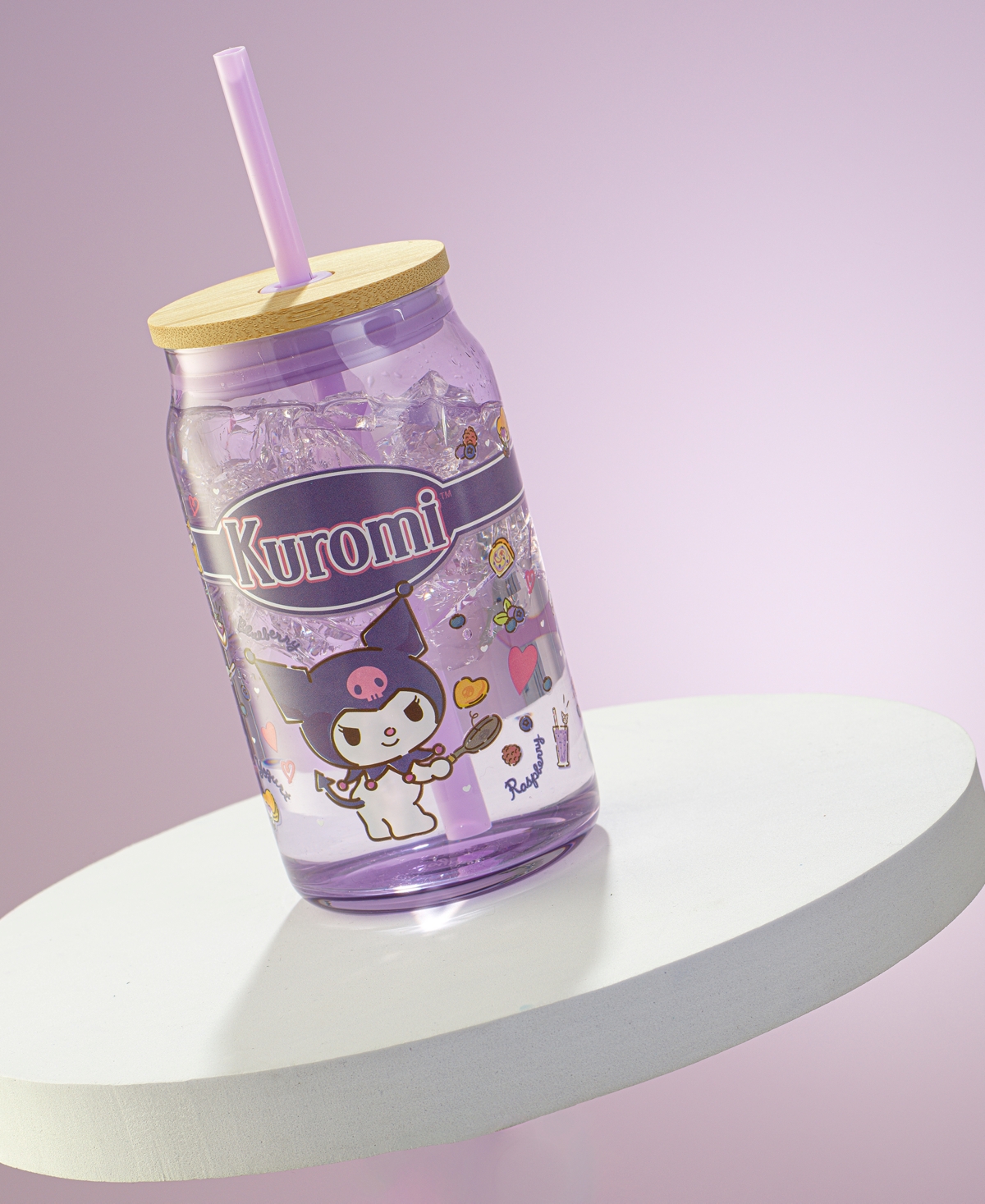 JOYJOLT HELLO KITTY AND FRIENDS FAVORITE FLAVOR KUROMI CAN SHAPED GLASS TUMBLER WITH WOOD LID AND STRAW 