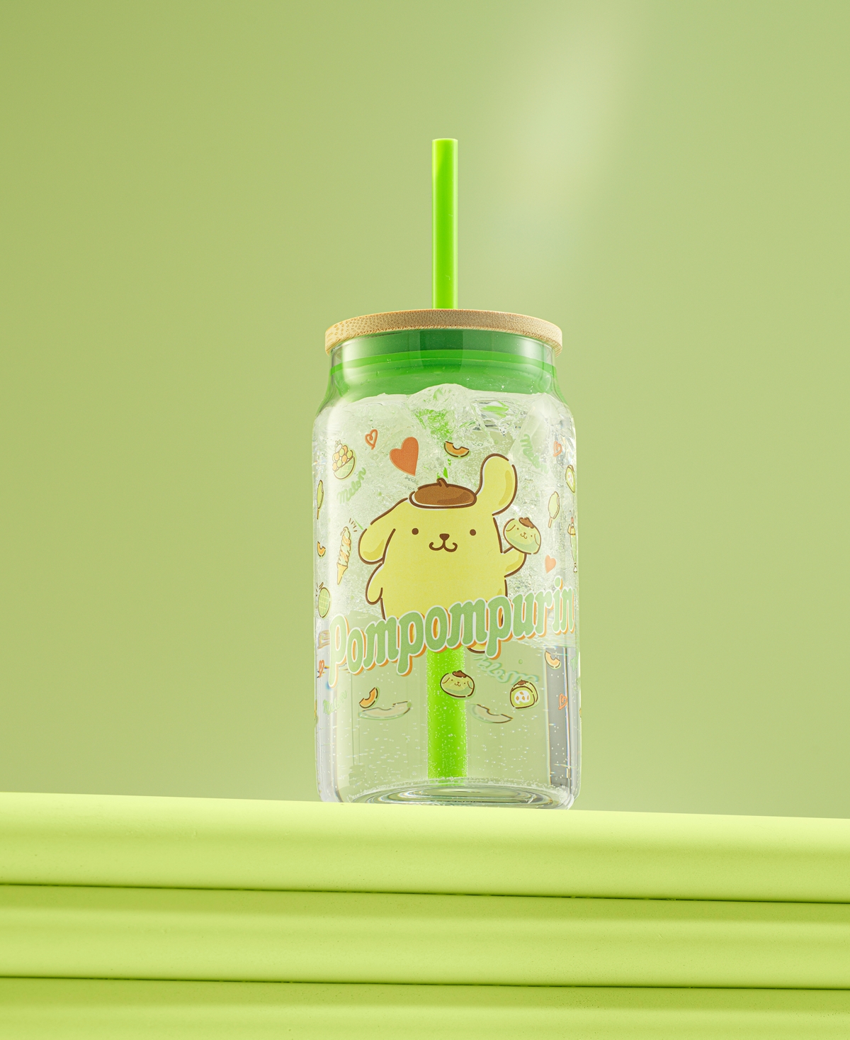 Joyjolt Hello Kitty And Friends Favorite Flavor Pompompurin Can Shaped Glass Tumbler With Wood Lid And Straw In Multi