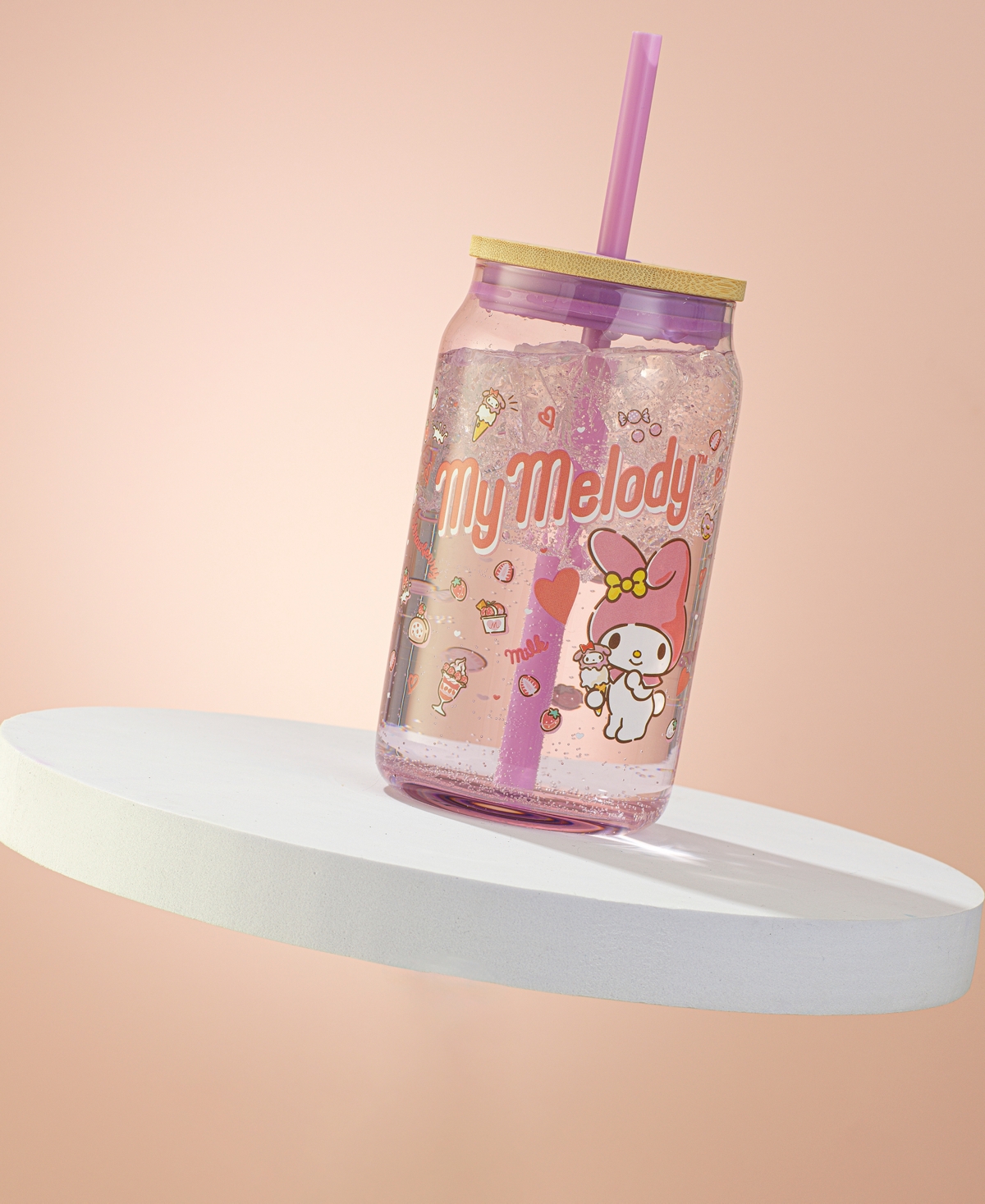 Joyjolt Hello Kitty And Friends Favorite Flavor My Melody Can Shaped Glass Tumbler With Wood Lid And Straw In Multi