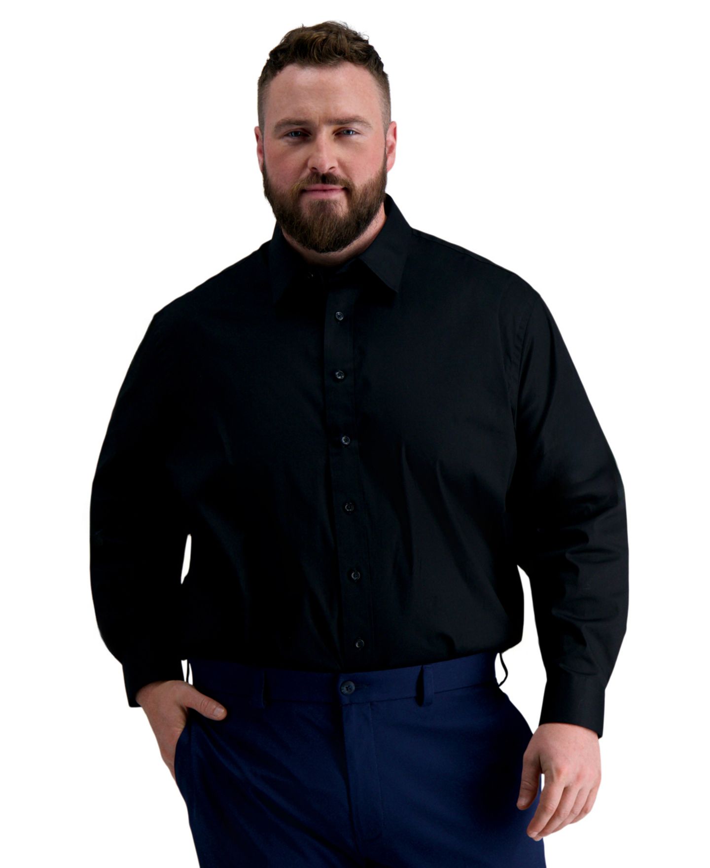 Мужская рубашка Haggar Big & Tall Classic-Fit Premium Comfort Dress Shirt, цвет: Чёрный однотонный — фото 3