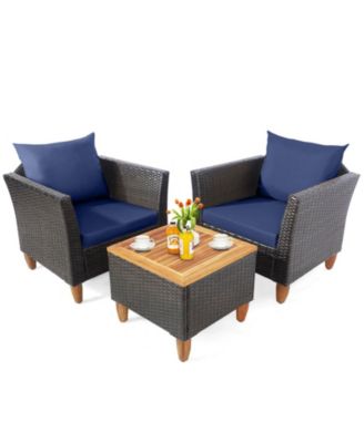 3 Pieces Patio Rattan Bistro Furniture Set with Wooden Table Top