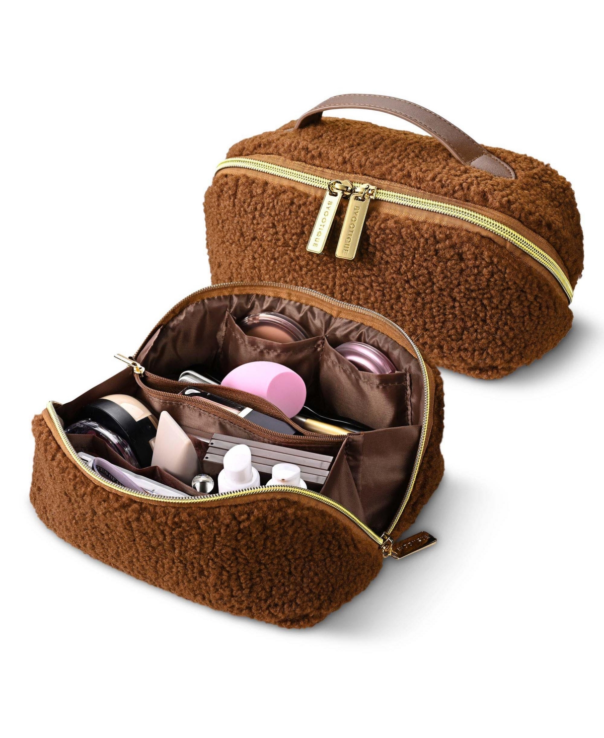 Plush Makeup Case Open Flat Travel Toiletry Accessories Organizer Bag - Natrual