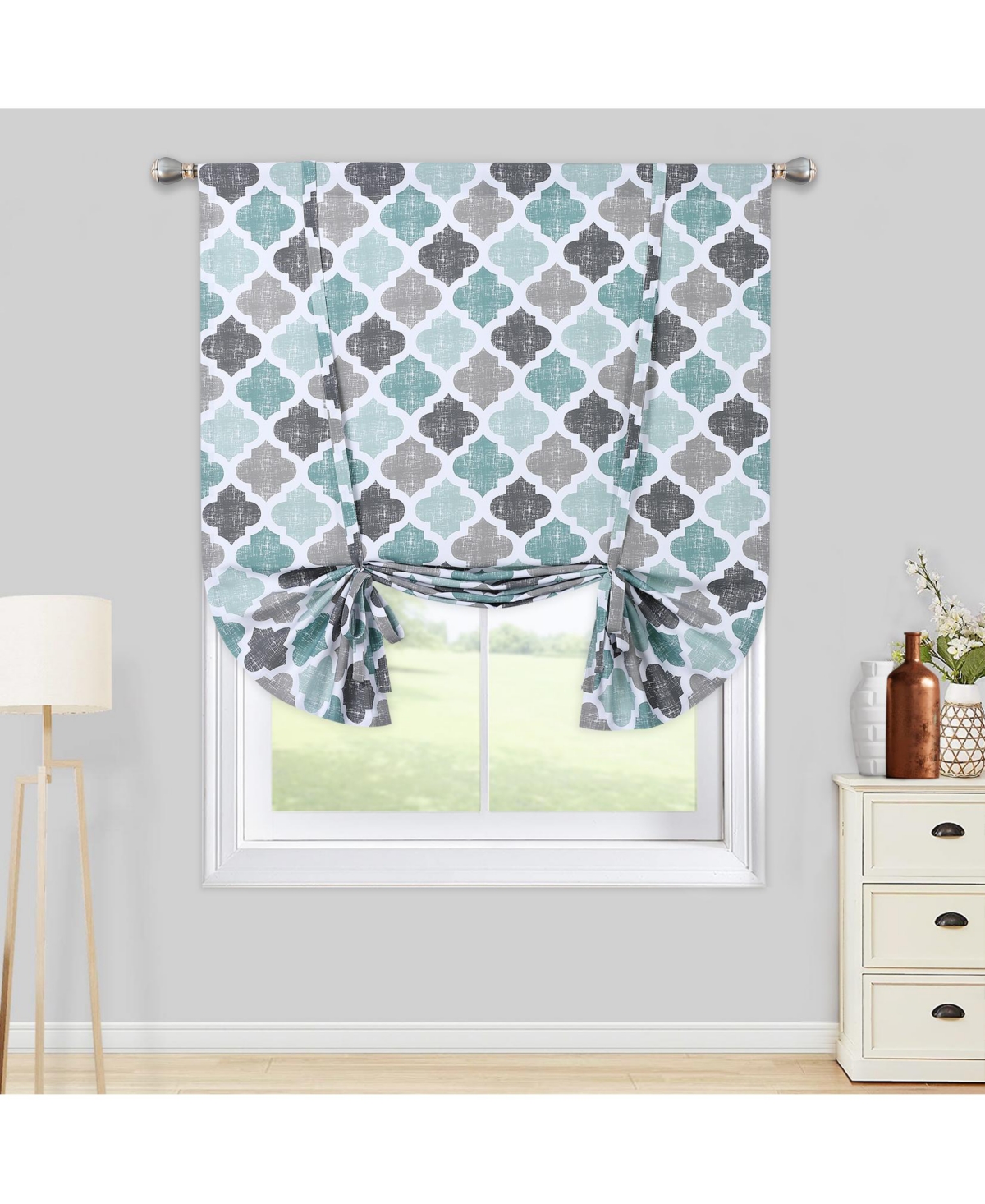 Quatrefoil Trellis Cotton Blend Rod Peocket Tie Up Shade Curtain, 42" x 63" - Aqua/mint/grey