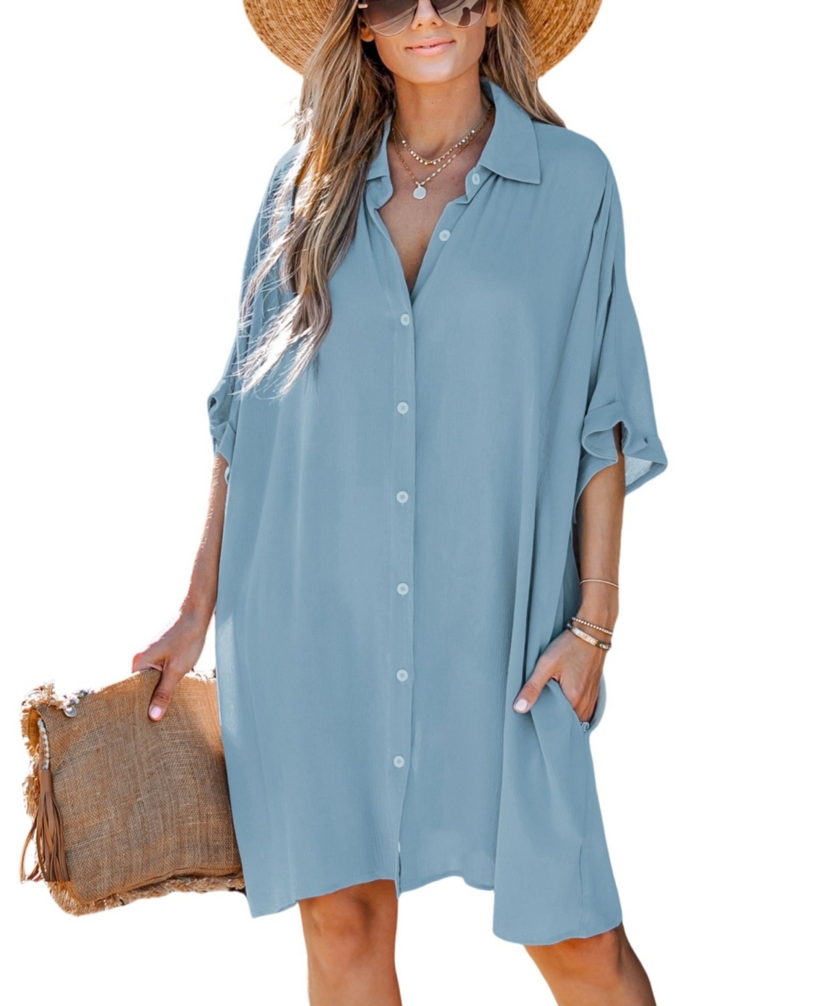 Women's Flowy Button-Up Midi Beach Dress - Light/pastel blue