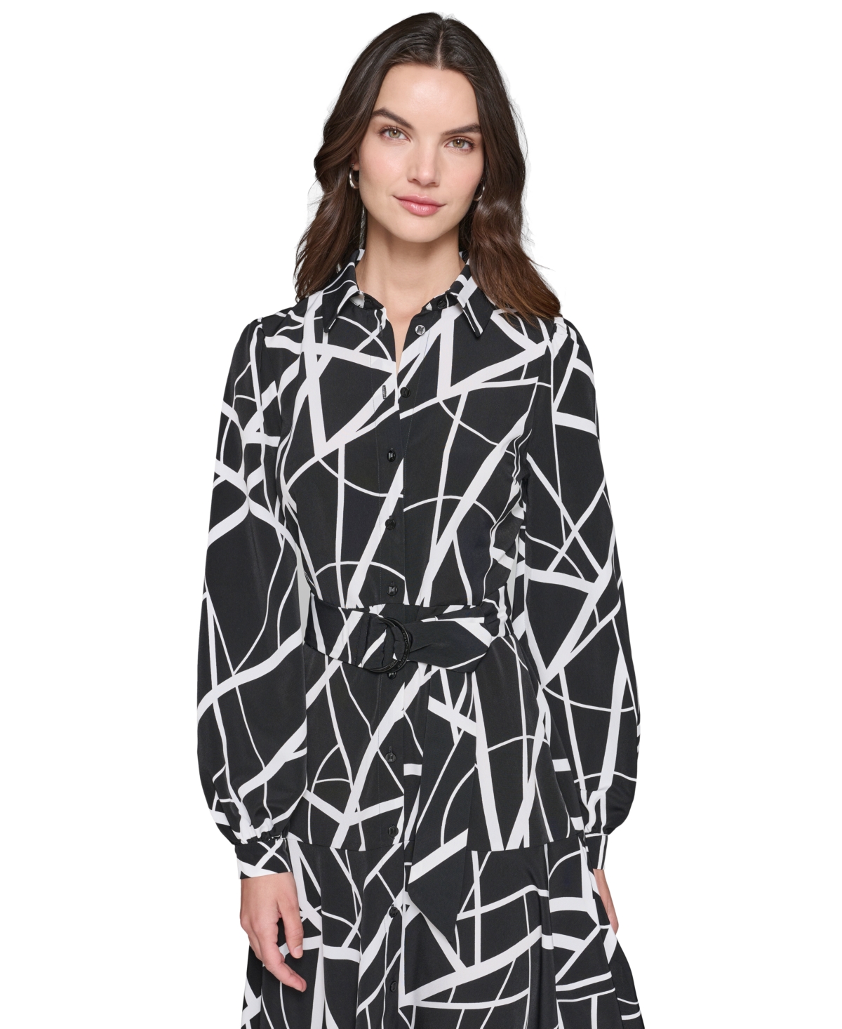 Karl Lagerfeld Paris Women's Printed Handkerchief-Hem Shirtdress - Black  Soft White