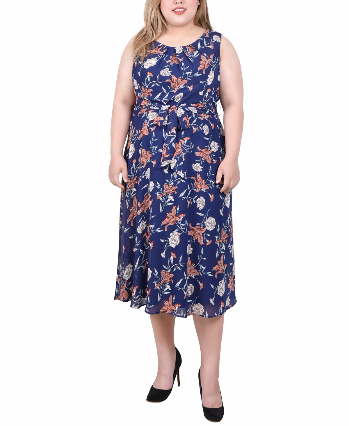 Plus Size Sleeveless Chiffon Belted Dress - Sage Mauve Floral