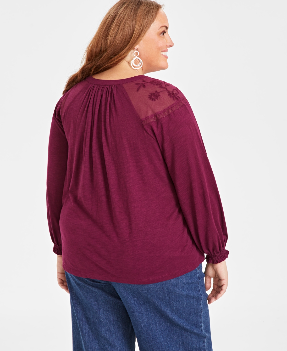 Style & Co Plus Size Mesh-Trim Raglan-Sleeve Blouse, Created for Macy's