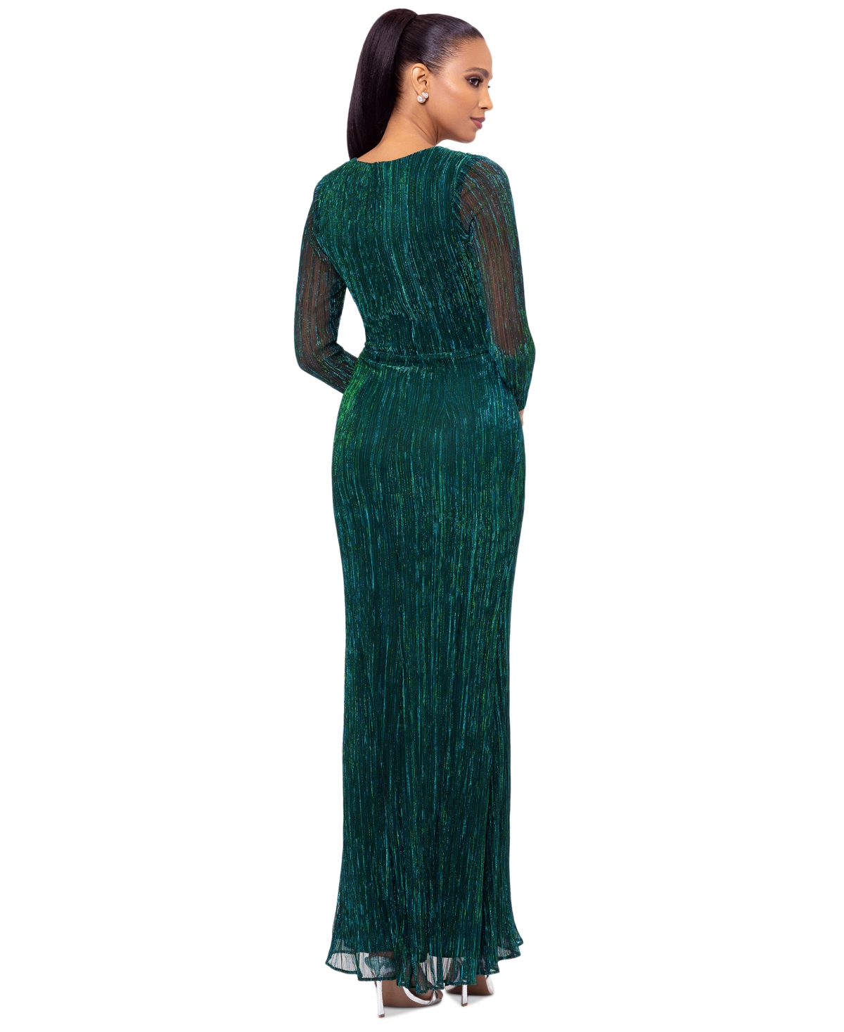 Betsy & Adam Women's Metallic Draped Long-Sleeve Gown