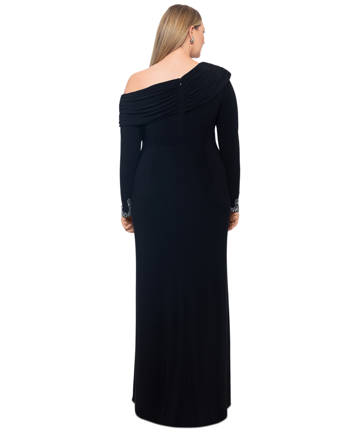 Betsy & Adam Plus Size Off-shoulder Embellished-cuff Dress In Black,silver