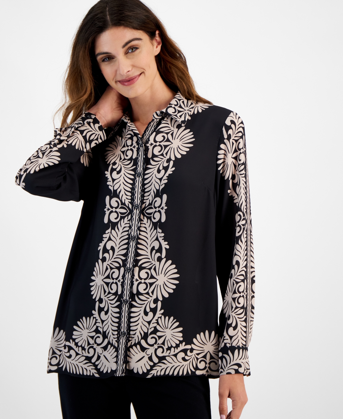 T Tahari Women's Printed Button-Front Top