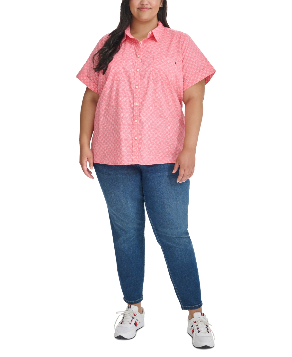 Tommy Hilfiger Plus Size Printed Button-front Cotton Camp Shirt In Tea Rose,white