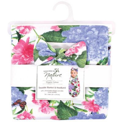 Girls Organic Cotton Swaddle Blanket and Headband or Cap