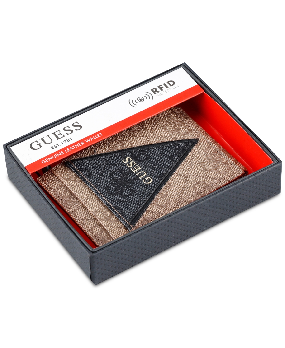 Guess Men's Quattro Patchwork Triangle Logo Wallet In Black,tan