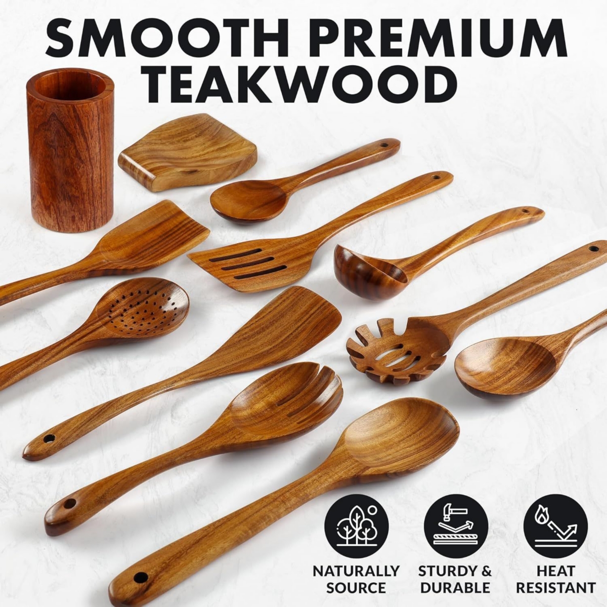 Zulay Kitchen 12-Piece Teak Wooden Utensils for Cooking - Natural Teak Utensil Set
