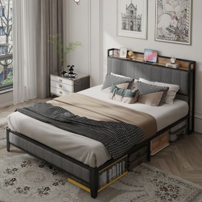 Streamdale Grey Upholstered Bed Frame with Charging Station