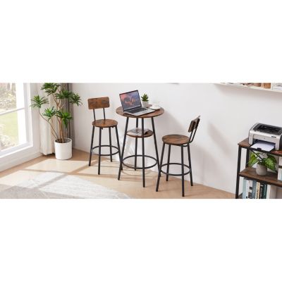 Rustic Brown Barstool Set with Backrests and Shelves