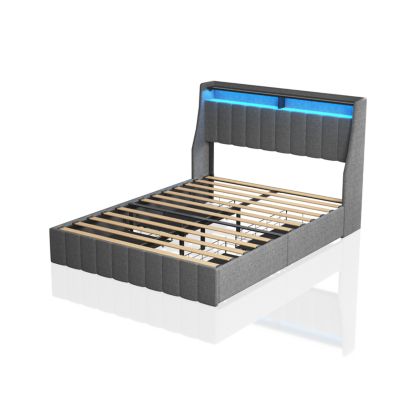 Light Grey Bed Frame with LED and Storage Drawers