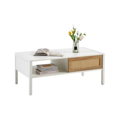 Modern white rattan coffee table with storage and metal legs