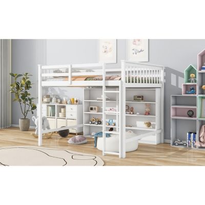 Full Size Loft Bed With 8 Open Storage Shelves And Builtin Ladder
