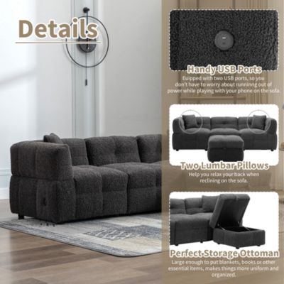 87.7" Sectional Sofa Cozy Teddy Fleece Fabric Sectional Sofa Couch With Two USB Ports