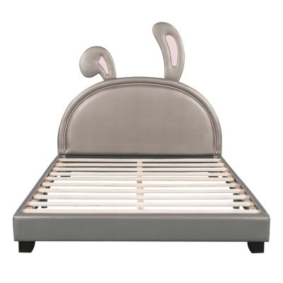 Streamdale Full Size Upholstered Leather Platform Bed With Rabbit Ornament, Pink