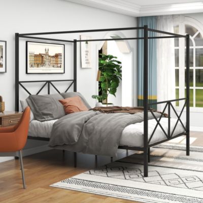 Metal Queen Canopy Bed Frame with X-Frame