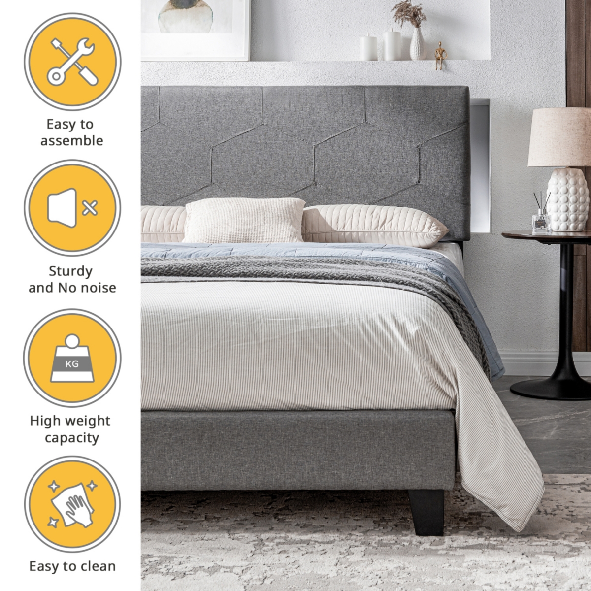 Streamdale Furniture Size Upholstered Platform Bed Frame, Wood Slat Support, Easy Assembly,- Grey