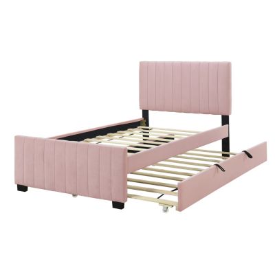 Streamdale Twin Size Velvet Upholstered Platform Bed With Twin Size Trundle, Pink