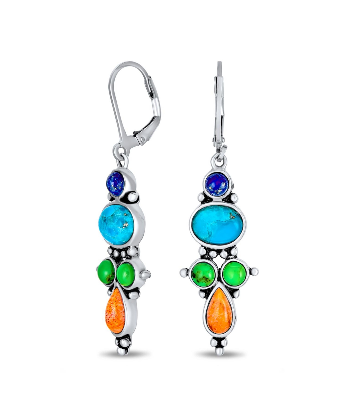 Western Jewelry Southwest Style Multicolor Gemstone Blue Lapis Turquoise Orange Coral Lever Back Dangle Earrings For Women .925 Sterling