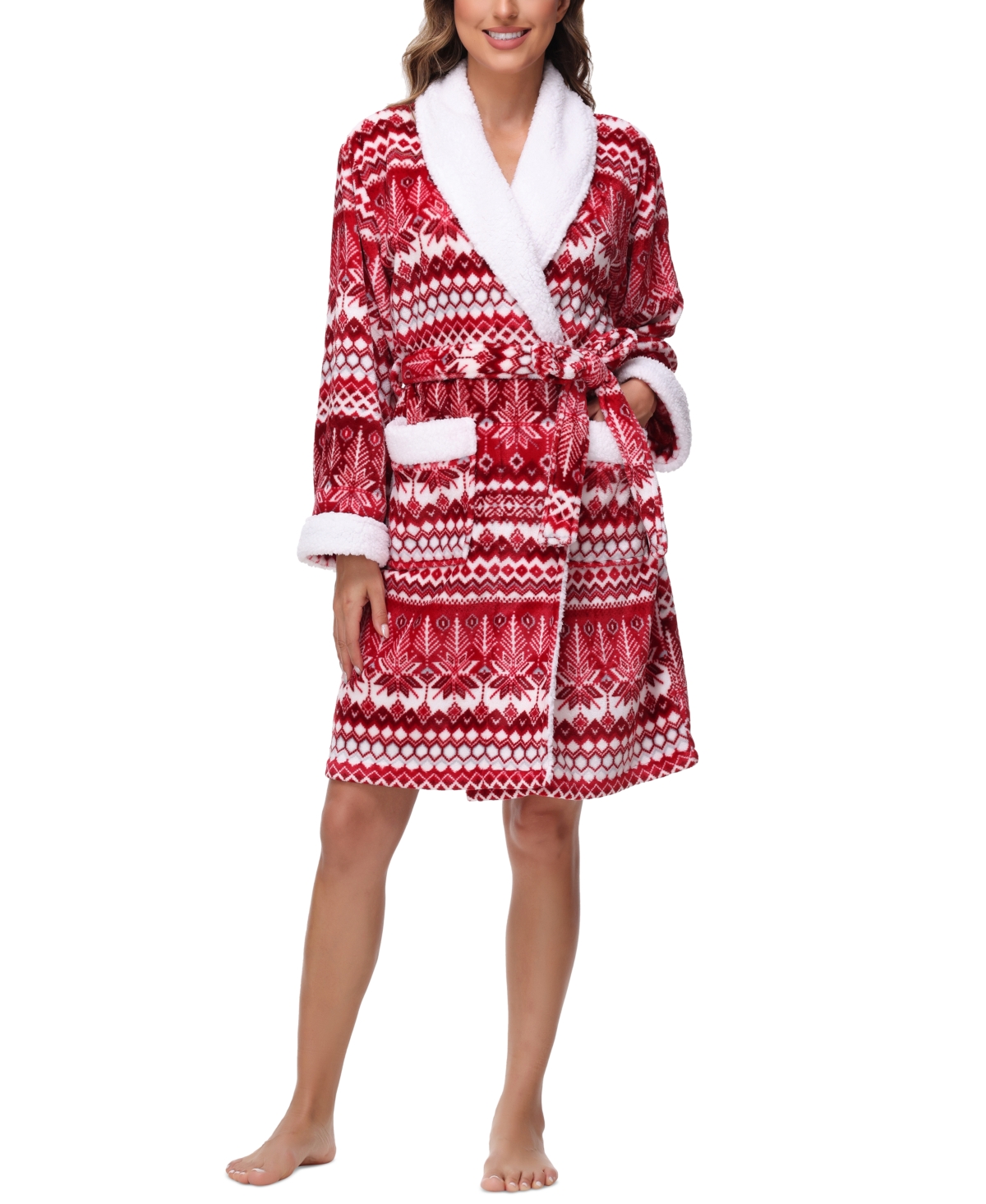 Holiday Lane Plush Printed Short Shawl-Collar Robe, Exclusively at Macy's