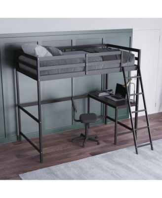 Twin Size, Wood, Guardrails + Desk + Ladder + Fits 6–8" Mattress,Ridley Loft Bed Frame Headboard