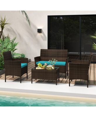 4 Piece Patio Rattan Conversation Set Wicker Furniture Set w/ Chair Loveseat Outdoor