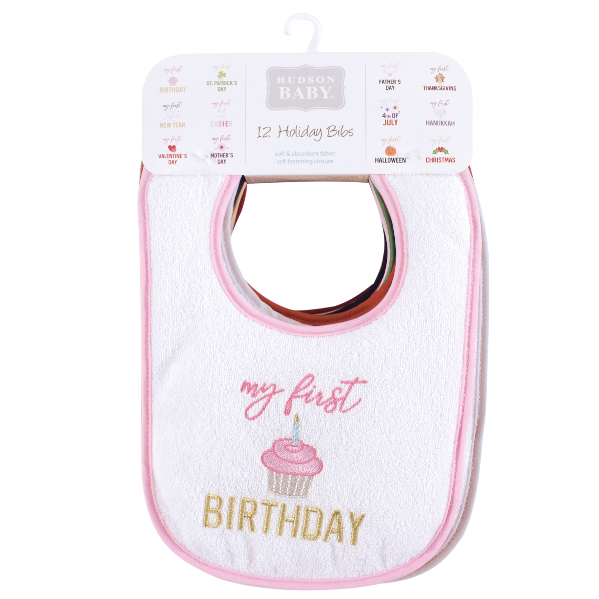 Hudson Baby Infant Girl Cotton Terry Drooler Bibs with Fiber Filling, One Size - Girl holiday