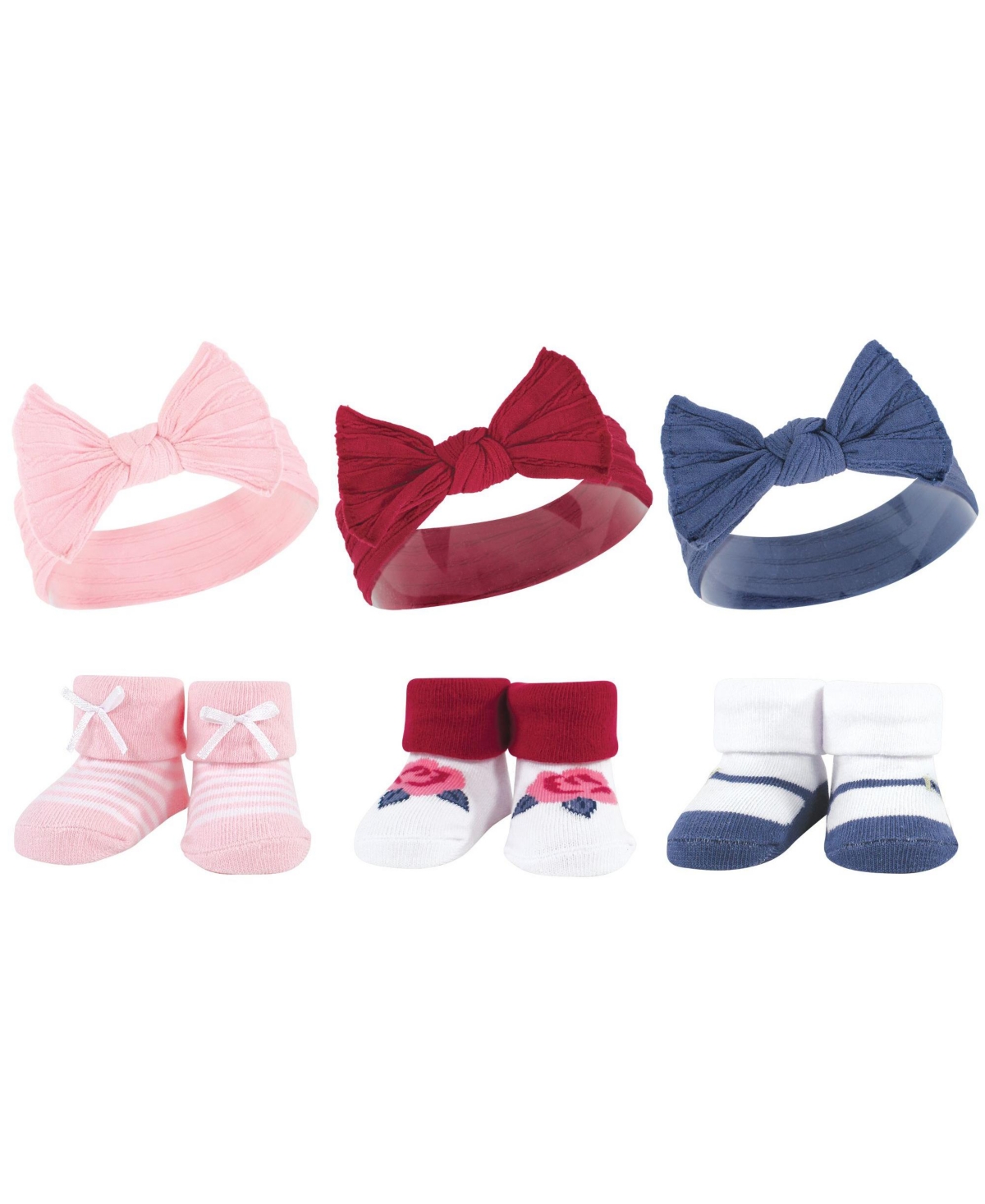 Hudson Baby Infant Girl 12Pc Headband and Socks Giftset, One Size - Pink white pink blue