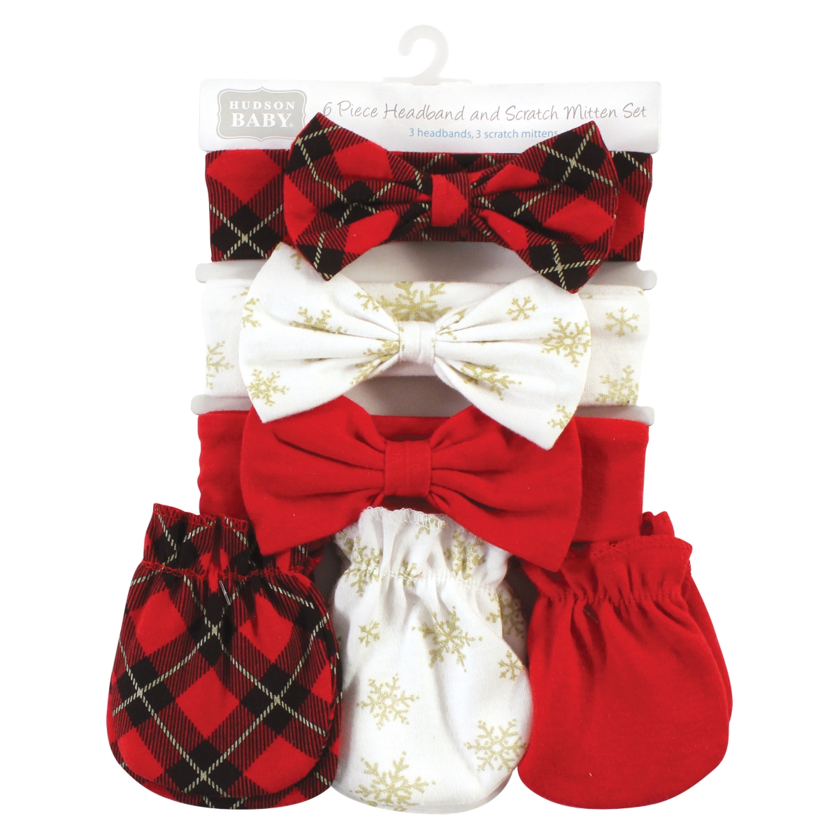Hudson Baby Baby Girls Cotton Headband and Scratch Mitten Set, Months - Fancy plaid snowflake