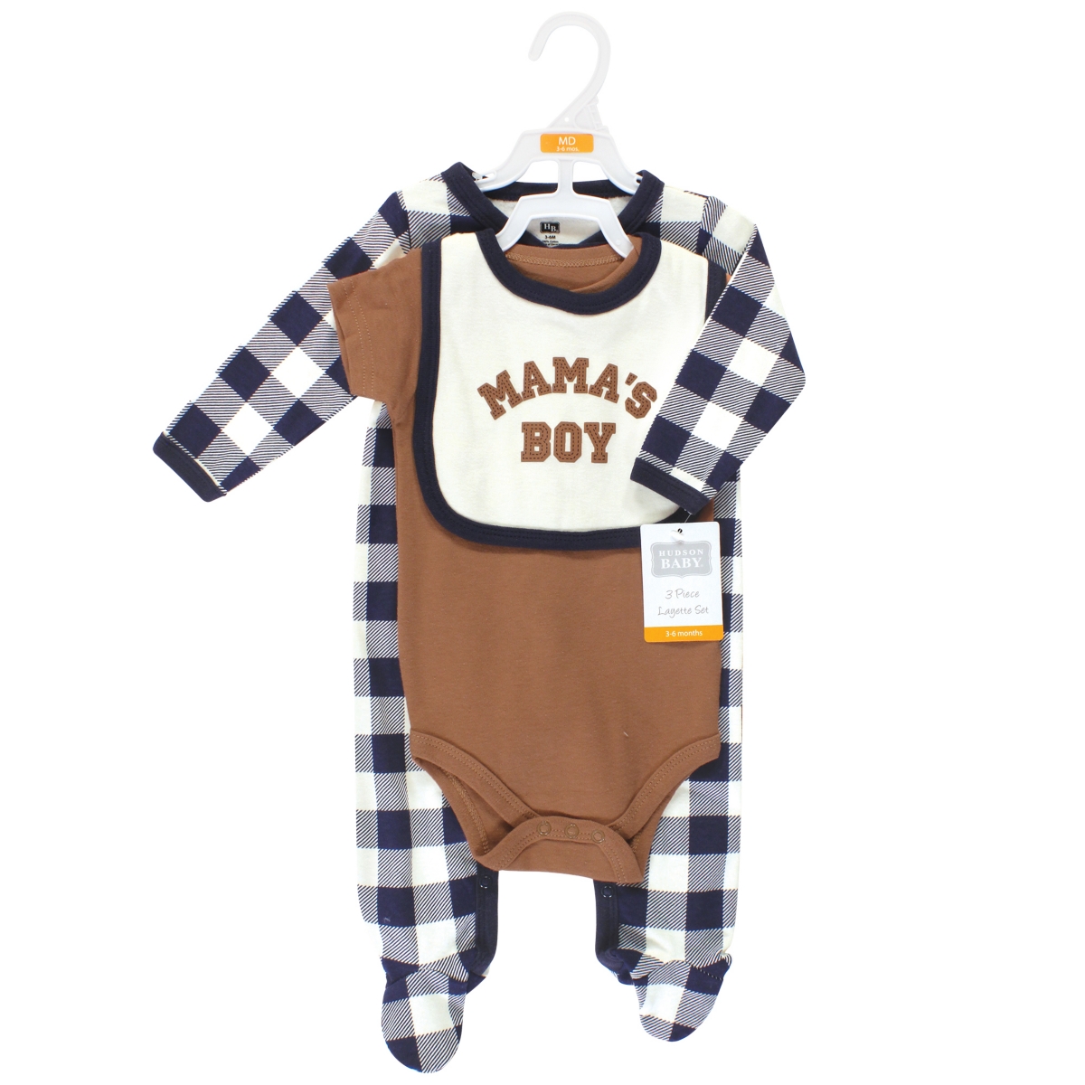 Hudson Baby Baby Boys Cotton Sleep and Play, Bodysuit and Bandana Bib Set, Brown Navy Mamas