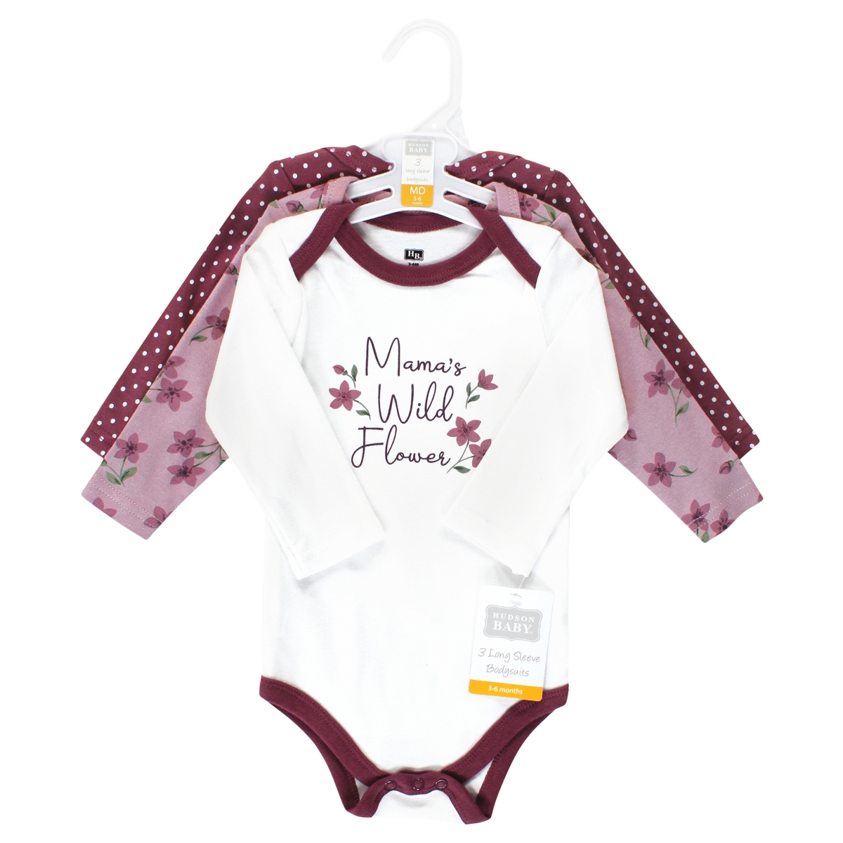 Hudson Baby Baby Girls Cotton Long-Sleeve Bodysuits, Plum Wildflower 3 Pack - Plum wildflower 3 pack